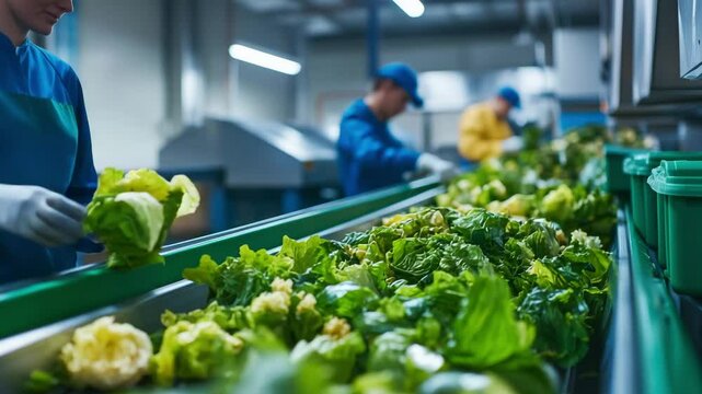 Workers sort and package fresh lettuce in a busy food processing facility, showcasing the agricultural supply chain in operation