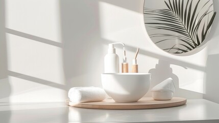 Serene Bathroom Still Life with White Accents, Natural Light, and Round Mirror Displaying a Modern Minimalist Aesthetic
