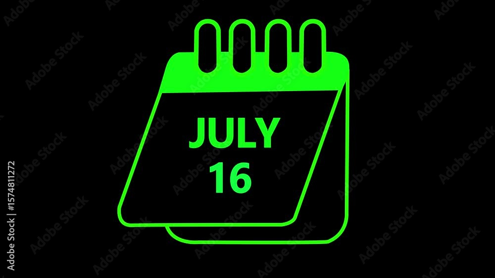 Poster 16 july month calendar with time symbol. simple calendar icon animation and date change calendar pen