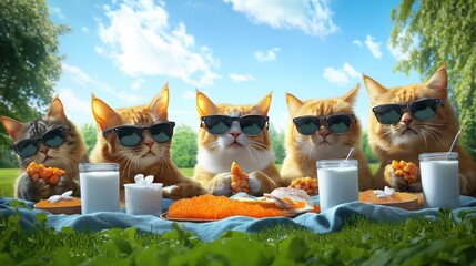 Five cool cats wearing sunglasses enjoy a sunny picnic feast with fried chicken and milk, basking in summer vibes and friendship.










