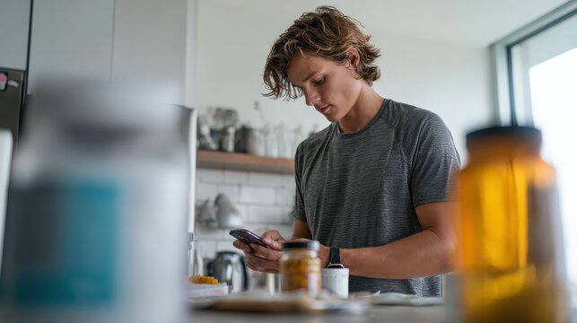 Young man using smartphone in kitchen while having breakfast