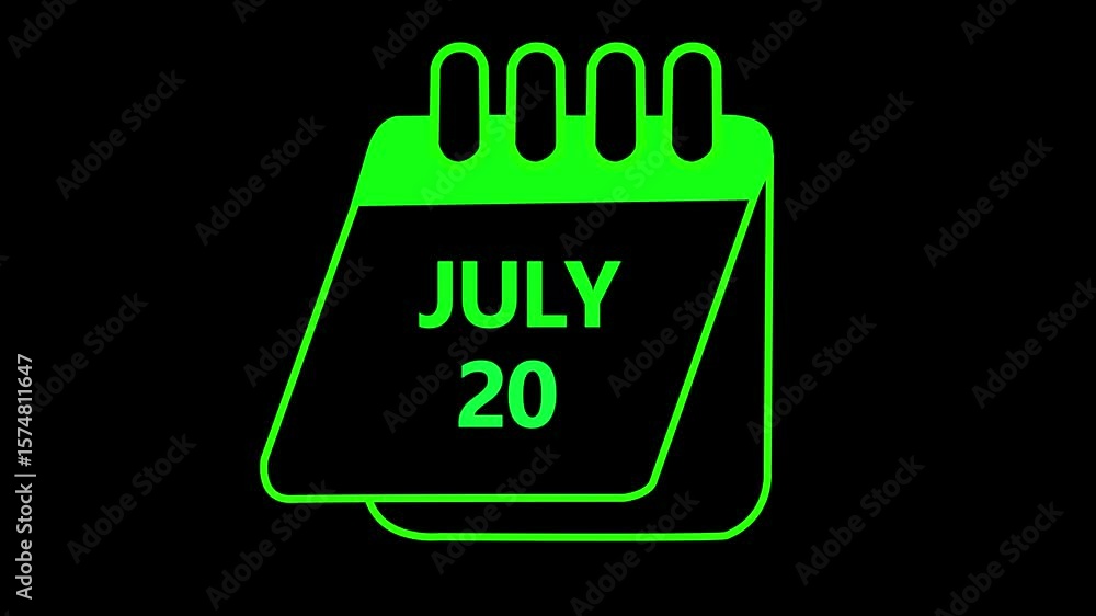 Poster 20 july month calendar with time symbol. simple calendar icon animation and date change calendar pen