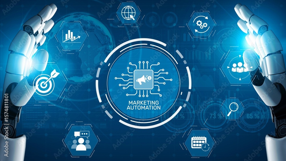 Poster marketing automation diagram showcase ai-driven campaign workflow, highlight marketing automation, d