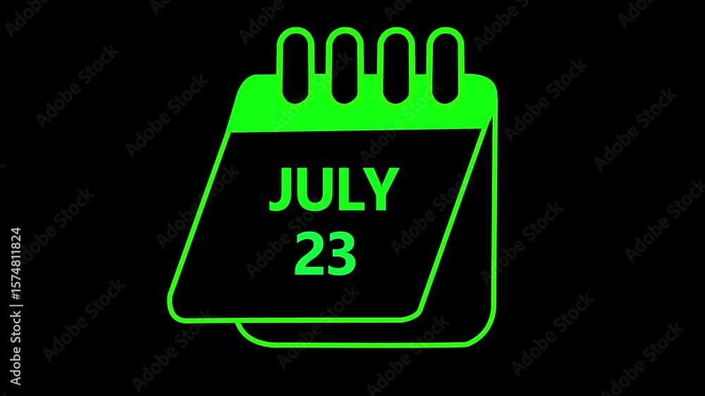 Poster 23 july month calendar with time symbol. simple calendar icon animation and date change calendar pen