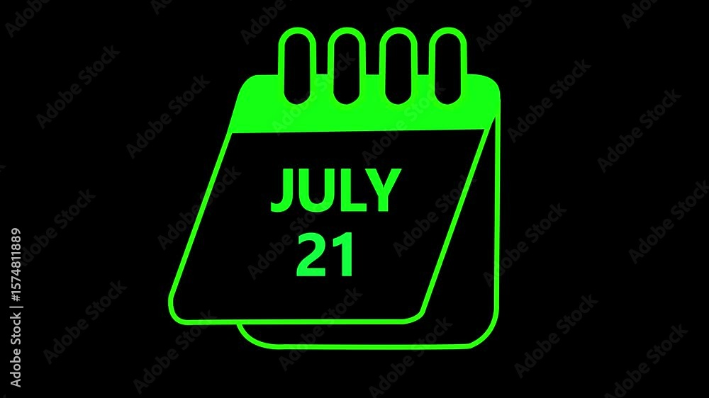 Poster 21 july month calendar with time symbol. simple calendar icon animation and date change calendar pen