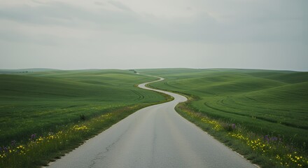 Fototapeta premium Winding Country Road Traveling Through Green Hills Under Cloudy Sky