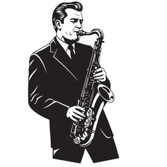 Naklejka premium Black and white illustration of a man playing a saxophone