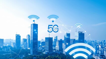 Modern city skyline under a network signal symbolizing future communications technology and infrastructure - Powered by Adobe