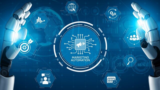 Marketing automation diagram showcase AI-driven campaign workflow, highlight marketing automation, data-driven strategy, marketing automation tools, and market automation process in business. Muxer