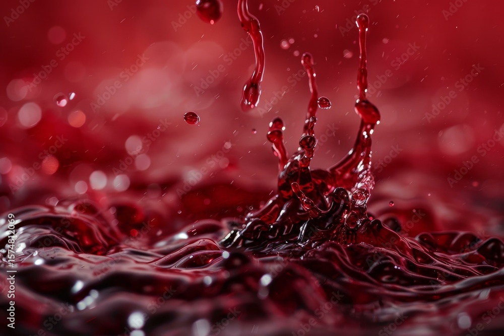 Poster crown shaped splash rising from red liquid surface with small droplets falling on it, creating elega