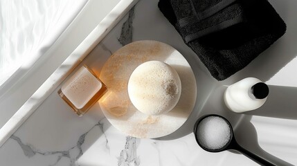 Luxurious Spa Day Still Life: Bath Bomb, Soap, Towel, and Aromatherapy on a Marble Surface Creating a Calm and Relaxing Ambiance
