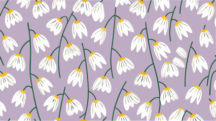 Floral pattern with white daisy like flowers and green stems on a light purple background design element