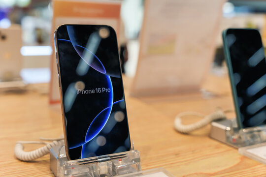 Almaty, Kazakhstan - July 04, 2025: iPhone 16 Pro on a shop window