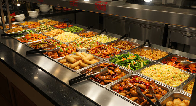 A vibrant Chinese food buffet bar displayed behind a glass counter, with rows of stainless steel trays filled with freshly cooked dishes.