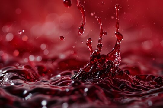 Crown shaped splash rising from red liquid surface with small droplets falling on it, creating elegant, dynamic patterns - Powered by Adobe