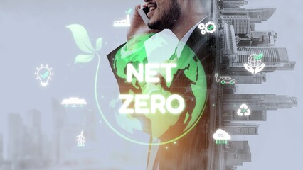 Net zero and sustainability concepts with environmental balance, digital sustainability icons, green energy goals, and eco-conscious digital business transformation for the future. Muxer
