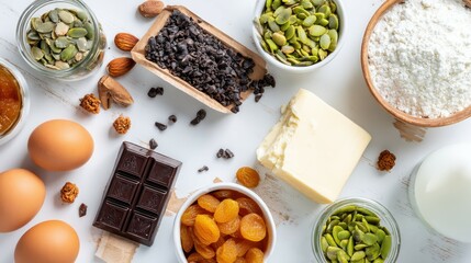 Ingredients for baking a delicious chocolate cake are arranged on white table