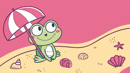 Cute cartoon frog on beach with umbrella summer vacation tropical holiday vector illustration art design