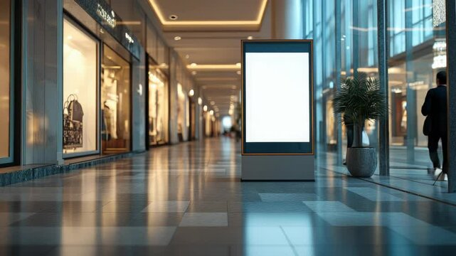 Empty white stand in a modern shopping mall for advertisement. Mockup template with copy space for promotional content and branding.