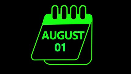 01 august month calendar icon with symbol. Simple calendar icon animation and date change of time month. August 01 Calendar icon Sign on black background. Calendar Pendulum Animation August 01