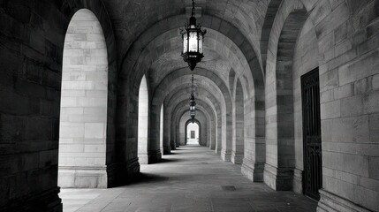Monochromatic perspective of a long, arched hallway with stone walls and hanging lights