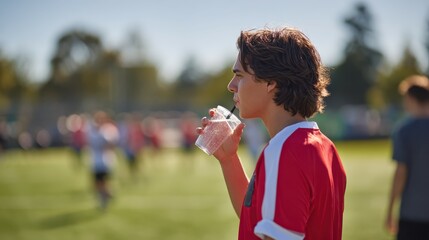 Young soccer player drinking water on sidelines during game