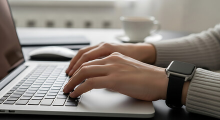 Woman typing on a laptop with a cup of coffee nearby, wearing a smartwatch, working at a desk.