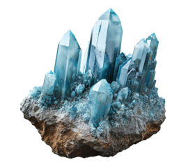 A large blue crystal formation sits on a rock
