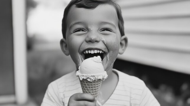 Happy toddler boy eating ice cream cone, messy face, black and white.