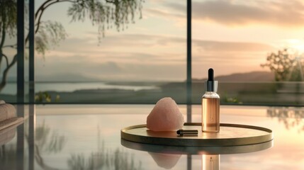 Serene spa retreat featuring aromatherapy oil bottle, pink salt stone on golden tray, with breathtaking sunrise and nature scenery in the background.
