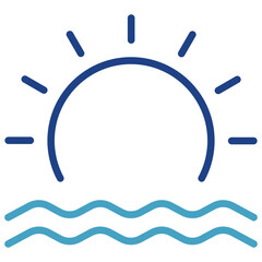 Sunrise or sunset icon over water, sea or beach concept for beach holiday atmosphere, sea activities or enjoying nature view