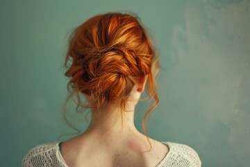 Rear view of a woman with beautiful red hair in a messy bun hairstyle, showcasing elegance and style