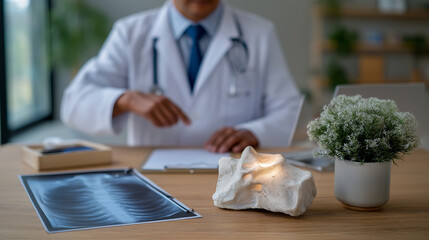 Orthopedic Doctor Discussing Knee Joint Model in Office