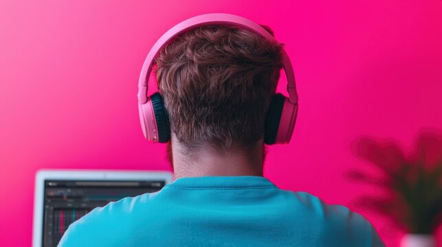 Music producer working on a new track, composing electronic music using a laptop, wearing headphones in home studio with pink wall
