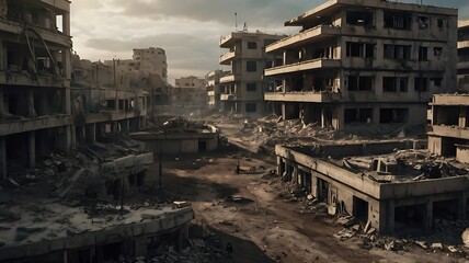 Fototapeta premium Dynamic War Zone Scene with Soldiers, Explosions, and Smoke in Wide Outdoor View