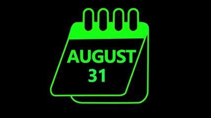 31 august month calendar icon with symbol. Simple calendar icon animation and date change of time month. August 31 Calendar icon Sign on black background. Calendar Pendulum Animation August 31