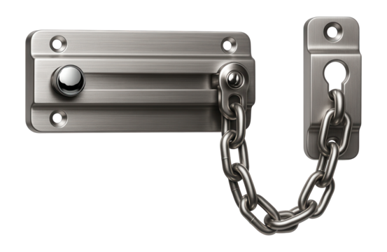 Metal door chain lock for an apartment entryway, allowing partial opening for viewing without full access.