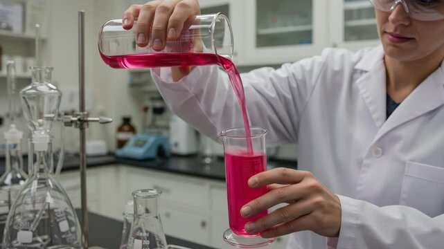 Scientist Pouring Pink Liquid in Lab - A scientist in a white lab coat carefully pours a pink liquid from a beaker into a graduated cylinder.