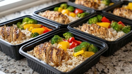 Healthy meal prep containers showing brown rice, chicken breast and mixed vegetables