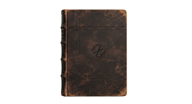 An ancient, weathered leather-bound book with intricate embossed patterns on its cover, symbolizing history, knowledge, and wisdom