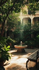 Tranquil courtyard with a fountain surrounded by lush greenery in a historic setting