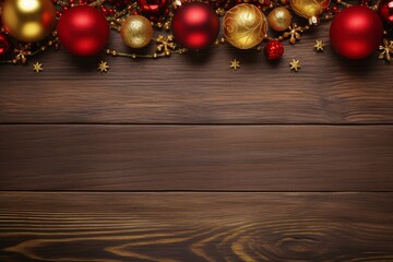 Red and gold christmas ornaments creating a border on dark wooden planks with copy space