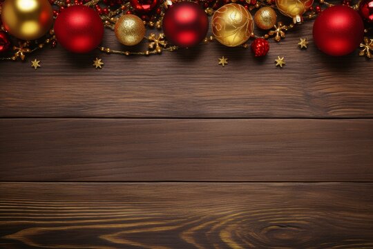Red and gold christmas ornaments creating a border on dark wooden planks with copy space