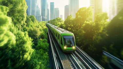 Urban train travels through green landscape at sunrise in a bustling city