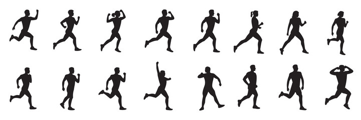 Silhouetted Runners in Varied Poses Dynamic Motion Study of Running Figures Capturing Different Stages and Styles of Movement