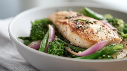 Grilled white fish fillet served with sauteed green vegetables and onions