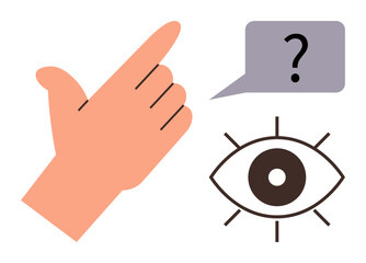 Hand gesture pointing beside an eye and thought bubble with question mark. Ideal for curiosity, vision, observation, exploration, problem solving, questioning, or decision-making. Simple flat