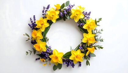 Elegant Floral Wreath of Daffodils and Lavender for Spring Decor