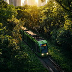 Tram travels through lush greenery at sunset in an urban environment