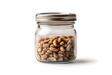 Jar full of shelled peanuts shows organic nuts, ready to eat, in a glass container against a white backdrop.